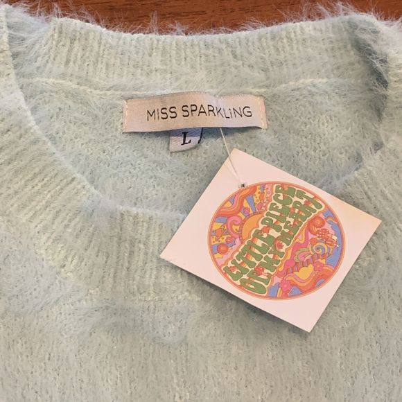 Miss Sparkling Fuzzy Yin-Yang 90's Vibe Turquoise Sweater Size L Crew Neck SOFT - Picture 3 of 9